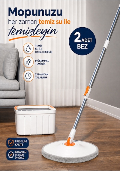 Moppak Temiz Kirli Su Ayrımı Mikrofiber Kare Başlık Mop Temizlik Seti Beyaz