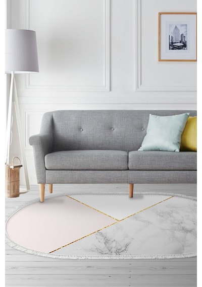 Kaymaz Dijital Mutfak & Salon Halı Trend Saçaklı Oval Geometrik E5008 Beyaz