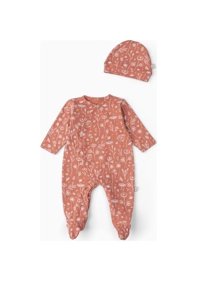 Boumini Bebek Patikli Tulum Şapka Set Bahar Çiçekli Kiremit-kiremit Kiremit