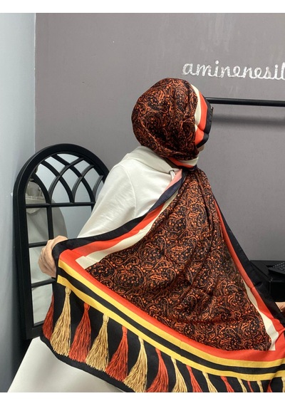 Aminenesil Cardion Premium Etnik Desen Şal Turuncu Siyah Renk Açık turuncu