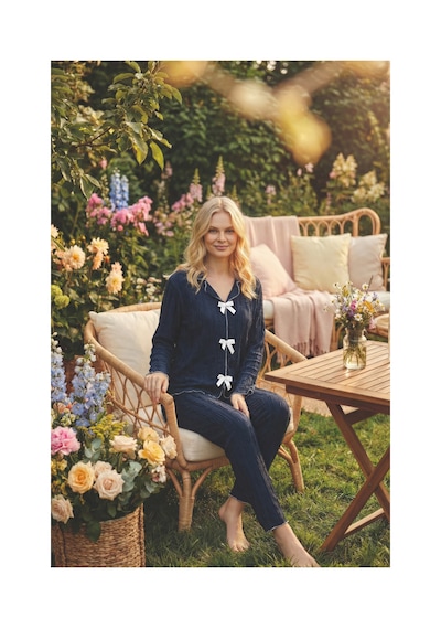 Rindahomewear Lacivert Bürümcük Kumaş Fiyonk Detaylı Uzun Kollu Pijama Takımı Lacivert