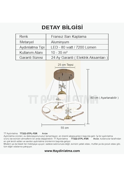 Tt322-3tpl-fsr Tt Ayd. Bulut Fransız Sarıkaplama 3 Renk Led Avize Rosegold