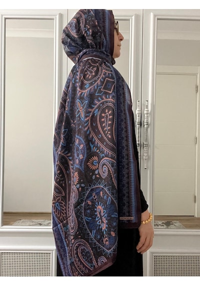 Modakaşmir Aminenesil Etnik Desen Soft Pamuk Şal Bordo Mavi Renk