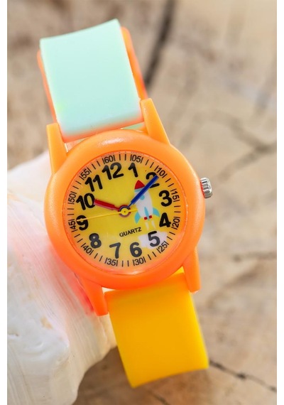 Roket Desenli Turuncu Kız Erkek Çocuk Kol Saati Analog Saat St-304413 Sarı