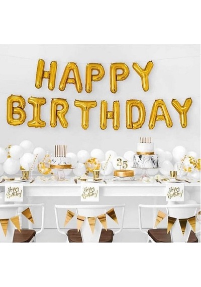 Altın Happy Bırthday Folyo Balon Doğum Günü Partisi Gold Renk Fol Karışık/Çok Renkli