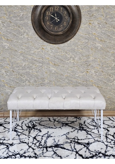 Zafir Beyaz Boyalı Tel Ayaklı 90 Cm Puf Bench - Puf - Bench - Kasalı Oturak - Oturak - Yatak Ucu Puf Krem