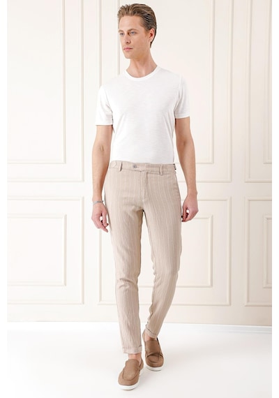Efor Comfort Fit Yandan Tokalı Çizgili Keten Casual Bej Pantolon P 1151 Bej