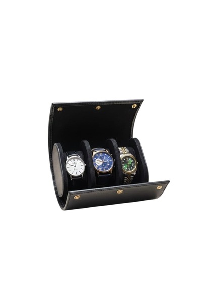 3 Lü Deri Saat Kutusu Silindir Tasarım Taşınabilir Saat Saklama Organizer 24x11x7 Cm Taba Siyah