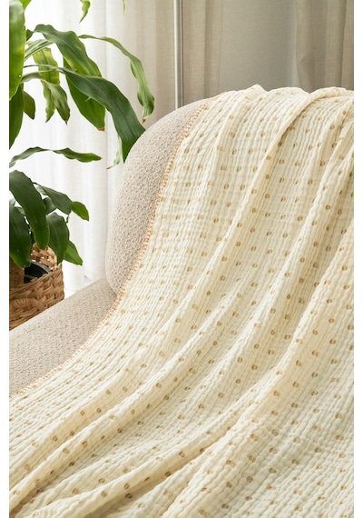 Krem Bej Müslin Tv Battaniyesi / Koltuk Şalı 130x170 Cm, 3 Katlı Noktalı, Çoban Dikişli Bej - Krem