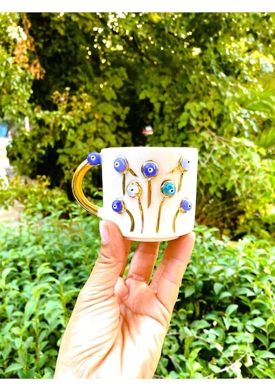 24 Ayar Altın Detaylı Nazar Mug Hayat Ağacı Kabartmalı El Yapımı Sağ Evil Eye 200 Ml Nha Beyaz - Çok Renkli