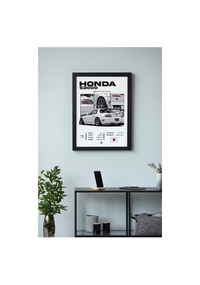 Honda S2000 Ahşap Çerçeveli Poster Otomobil Tasarım Baskı Siyah