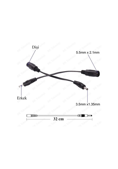 5.5mm X 2.1mm Dişi To 3.5mm X 1.35mm Erkek Dc Güç Adaptör Kablosu