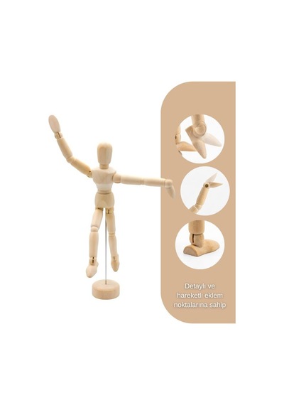 Ahşap Çizim Mankeni, Mafsallı İnsan Figürü Modeli, Tabanlı Eskiz Yardımcısı, 14 Cm