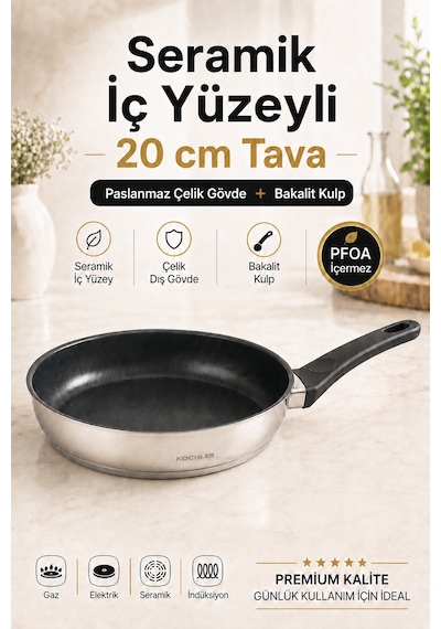 20 Cm Seramik Kaplamalı Paslanmaz Çelik Bakalit Kulplu İndüksiyon Uyumlu Tava Gümüş