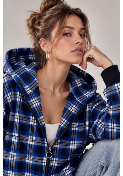 Bb Butik Basic Kapüşonlu Fermuarlı Oversize Ekose Oduncu Gömlek Ceket Kadın Rahat Mevsimlik Günlük Tr0935 mavi