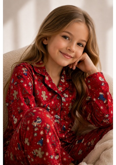 Beka Kids Yılbaşı Desenli Uzun Kollu Önden Düğmeli Gömlek Yaka Kız Çocuk Pijama Takımı Kırmızı Beka Kids Yılbaşı Desenli Uzun Kollu Önden Düğmeli Gömlek Yaka Kız Çocuk Pijama Takımı Kırmızı