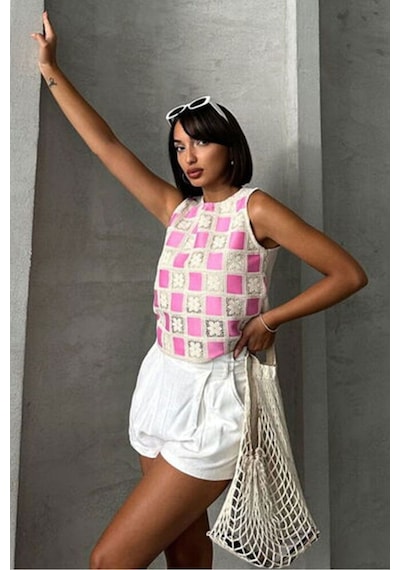 Verymoda Dama Desen Tığ İşi Toptan Bluz Ham Pembe