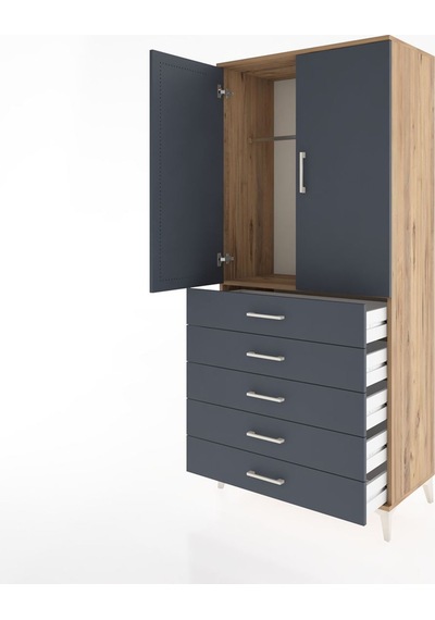 Hyperion Dolap Tek Raflı 5 Çekmeceli Tek Askılı 88x44x195 Çam... Çam