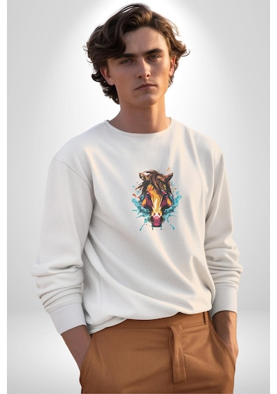 At Kafası Renkli Unisex Beyaz Baskılı Sweatshirt Beyaz