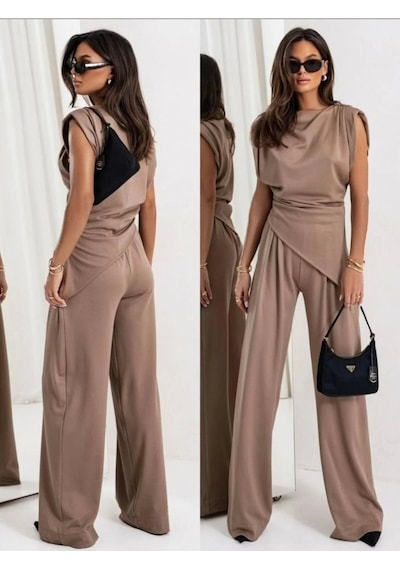 Defymoda Kadın Dalgıç Kumaş Sıfır Kol Bluz Ve Bol Kesim Pantolon Ikili Takım Kahverengi Defymoda Kadın Dalgıç Kumaş Sıfır Kol Bluz Ve Bol Kesim Pantolon Ikili Takım Kahverengi