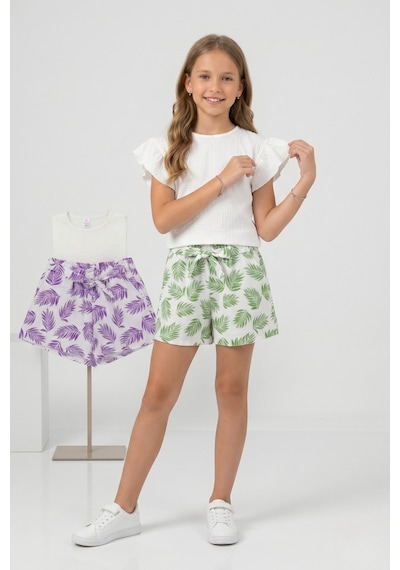 New Kids Şortlu Fırfır Detaylı Kız Çocuk Takım-91157 Yeşil