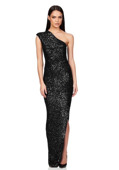 Hanife Glam Couture Tek Omuz Büzgü Detaylı Pulpayet Abiye Elbise Siyah
