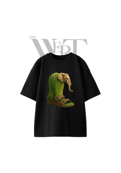 Thewert Elephant Cactus Sandal Tasarım Baskılı Ünisex Siyah Oversize T-shirt