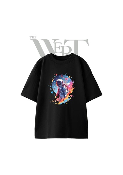Thewert Astronaut Space Tasarım Baskılı Ünisex Siyah Oversize T-shirt