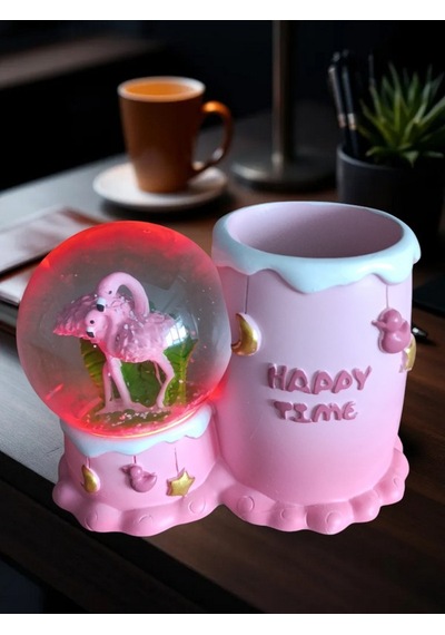 Flamingo Figürlü 15cmx10cm Ebat Pilli Işıklı Dekoratif Kar Küre Kalemlik 15cm X 10cm