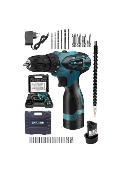 Graizer 32V 3 Ah Darbesiz Li-ion Çift Akülü Matkap Vidalama + 24 Parça Set Mavi Graizer 32V 3 Ah Darbesiz Li-ion Çift Akülü Matkap Vidalama + 24 Parça Set Mavi