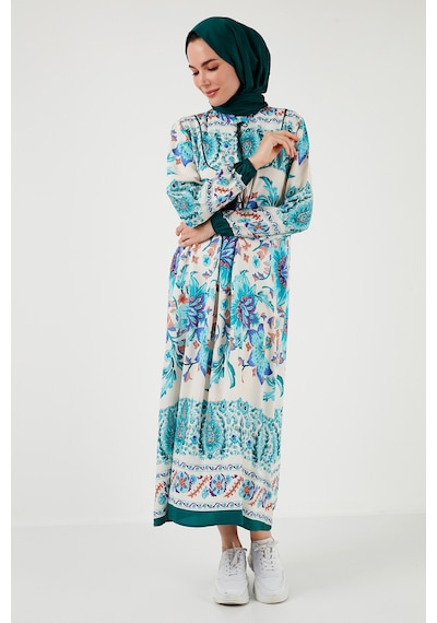 Lela Modest Desenli Regular Fit Bağlamalı V Yaka Maxi Bayan Elbise 611El510 Yeşil