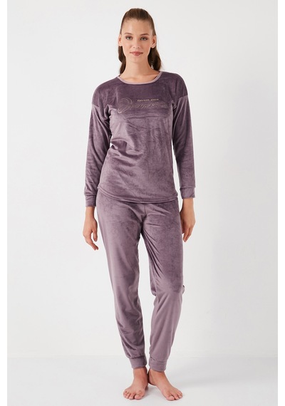 Lela Standart Fit Bisiklet Yaka Yumuşak Kadife Bayan Pijama Takımı 6094202 Lila