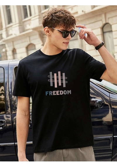 Unisex Oversize Freedom Baskılı Bisiklet Yaka Siyah T-shirt Siyah