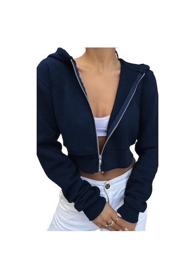 Lacivert Kadın Crop Fermuarlı Kapüşonlu Sweatshirt Lacivert