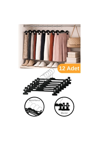 Esti 12 Adet - Ayarlanabilir Mandallı Etek & Pantolon Askısı Dolap İçi Elbise Askısı Kahverengi