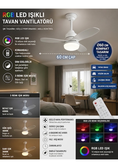 German New White Super Fan 60 Cm Kalın Kanat Dim Ayarlı Tavan Vantilatörü Rgb Led 16 Renk Sessiz Sinek Kovar