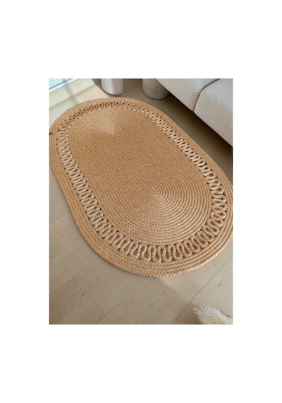Oval Jüt Hasır Halı Görünümlü Doğal Boho Balkon Banyo Oturma Odası Kapı Önü Paspas Bej 860458852 Bej