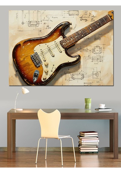Gitar Ve Notalar Sanat Dekoratif Kanvas - Mdf Ahşap Tablo