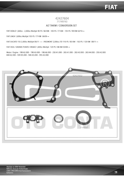 OTO CONTA 42427604 Motor Takım Conta Alt Conta Keçeli Doblo Linea Punto 1.6 Mtj
