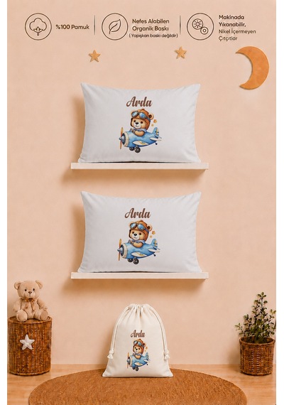 İsme Özel Erkek Bebek Hediyesi 2 Adet 35x45 %100 Pamuk Yastık Kılıfı Ve Ham Bez Bebek Kıyafet Kesesi 1013y2k0x