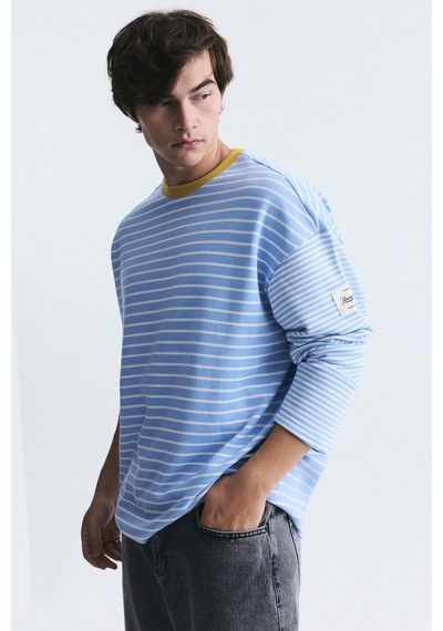 Vamos Kontrast Yaka Çizgili Sweatshirt Ekru-bebe Mavi