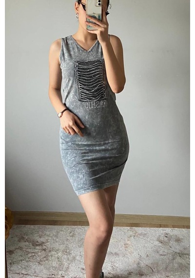 Mia Butik Kadın V Yaka Kare Pul Payetli Gri Elbise-979 Gri
