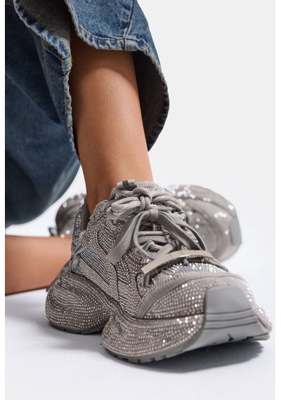 Kadın Silver T11 İthal Işıltılı Taş Kaplama Özel Tasarım Sneaker Ayakkabı Gri