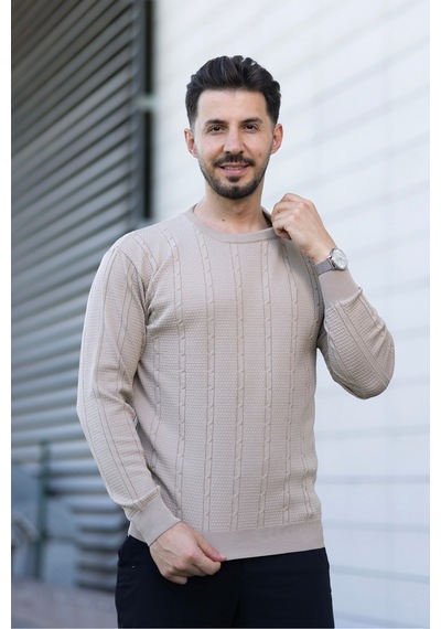 Hk Premium Erkek Fitilli Triko Kazak Slim Fit Bisiklet Yaka Likralı Kışlık Sweatshirt Bej