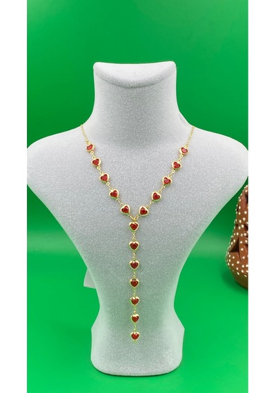 Kadın Gold Renk Zirkon Taşlı Özel Tasarım Y Model Kolye Kırmızı