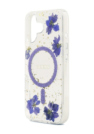 Apple Uyumlu iPhone 17 Kılıf Guess Lisanslı M-safe Özellikli Transparan Resin Flowers Kapak Mor Mor