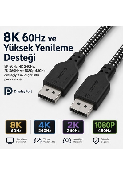Philips Swr3139b 2 Metre Örgülü Displayport 1.4 Kablo, Dsc, 8k 60hz, 4k 240hz, 2k 360hz, 1080p 480hz, Hdr, 32.4 Gbps Dp Kablo 59400937