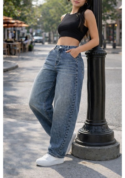 Cedy Denim Cedy Denım Yüksek Kalite Kadın Yüksek Bel Baggy Skater Jean Mavi