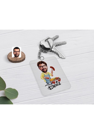 Kişiye Özel Erkek Mangalcı Karikatürlü Şeffaf Pleksi Anahtarlık