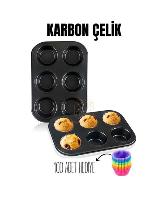 Zhltools 6 Lı Muffin Kalıbı Teflon Çelik 100 Muffin Kağıtlı Siyah